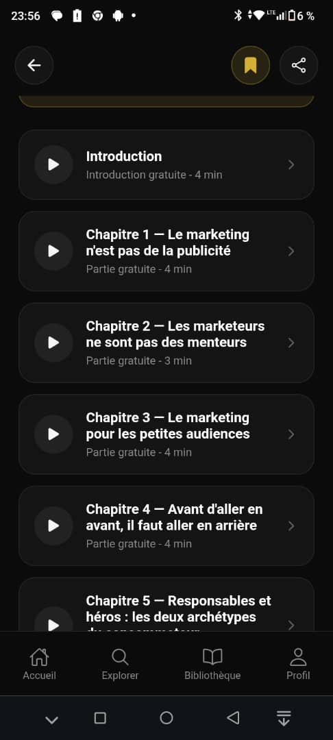 Liste des chapitres dans l’application Summary