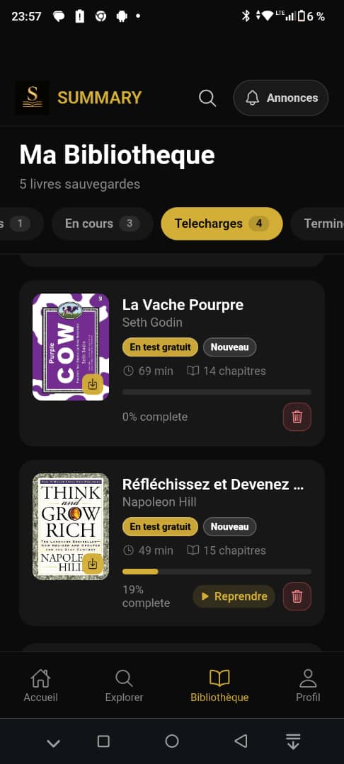 Écran Téléchargements de l’application Summary
