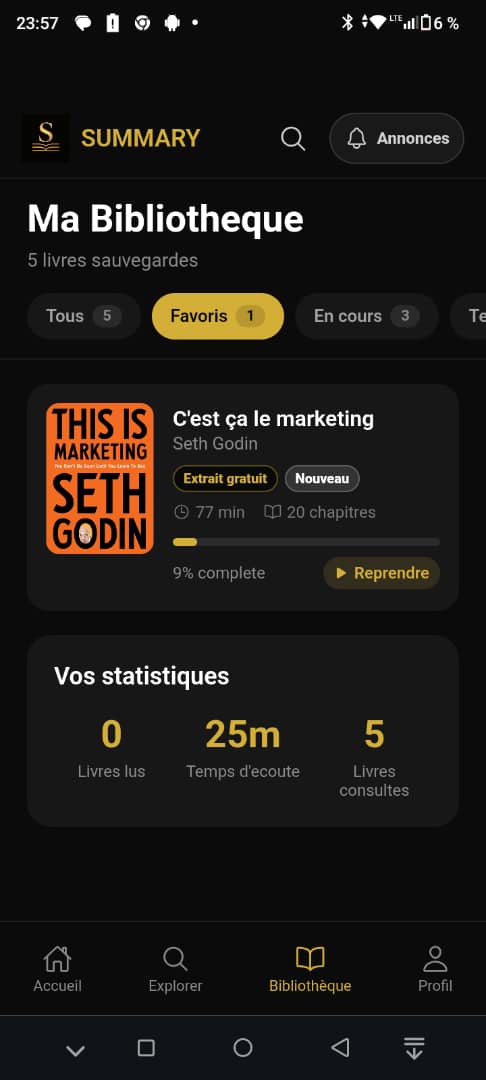 Écran Ma Bibliothèque de l’application Summary