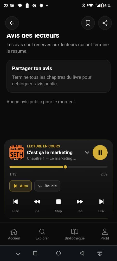 Lecteur audio de l’application Summary avec progression et commandes de lecture