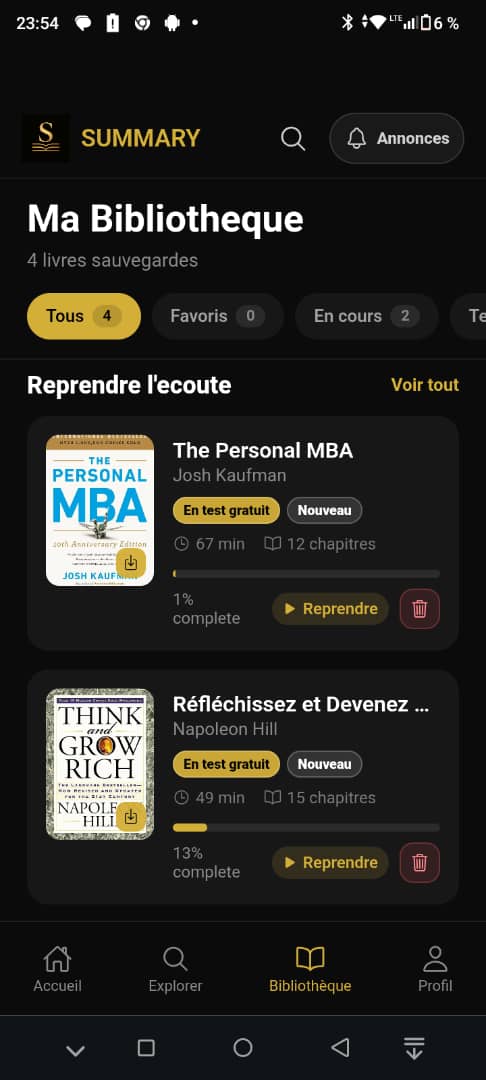 Bibliothèque de contenus audio dans l’application Summary