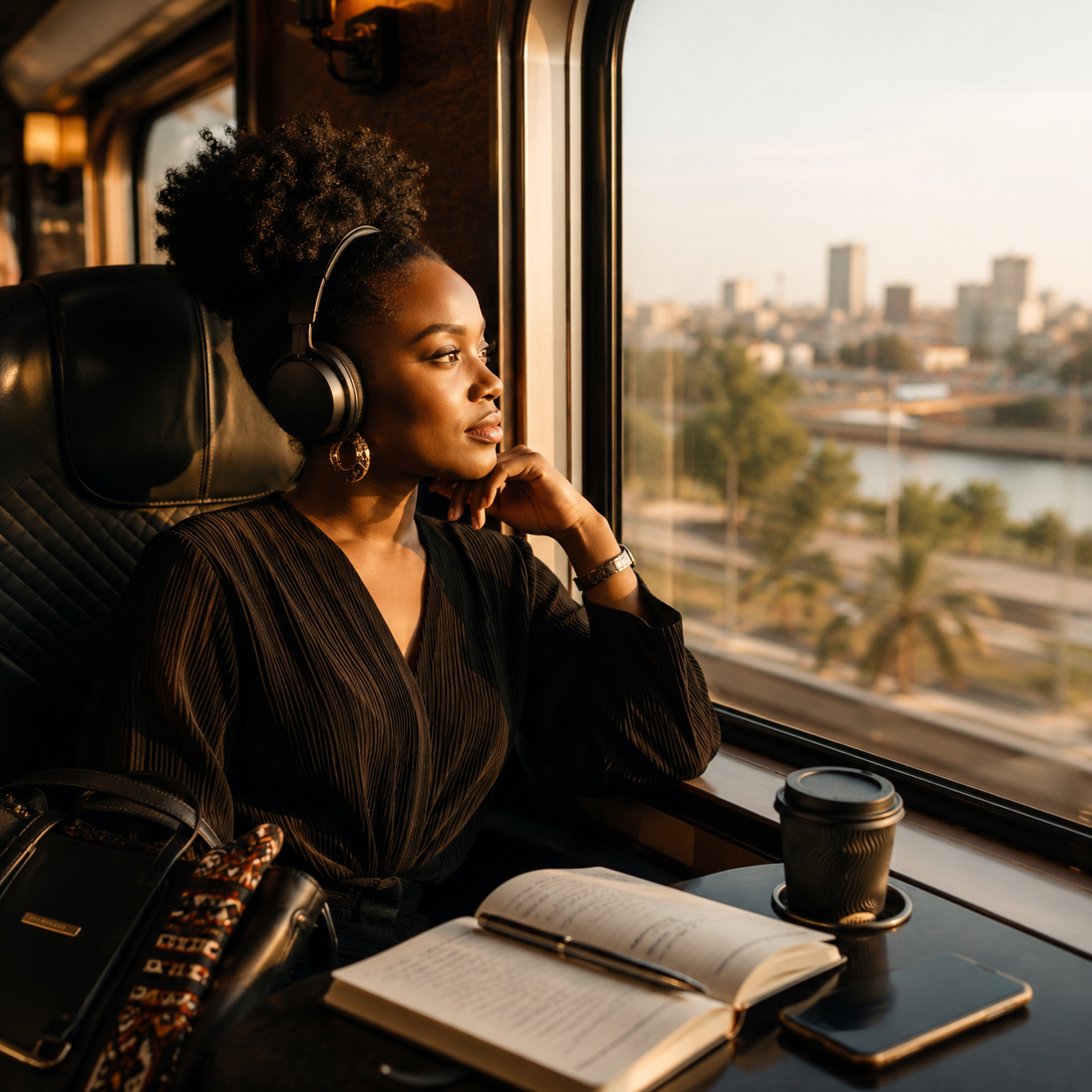 Un voyageur portant un casque audio pendant un trajet en train